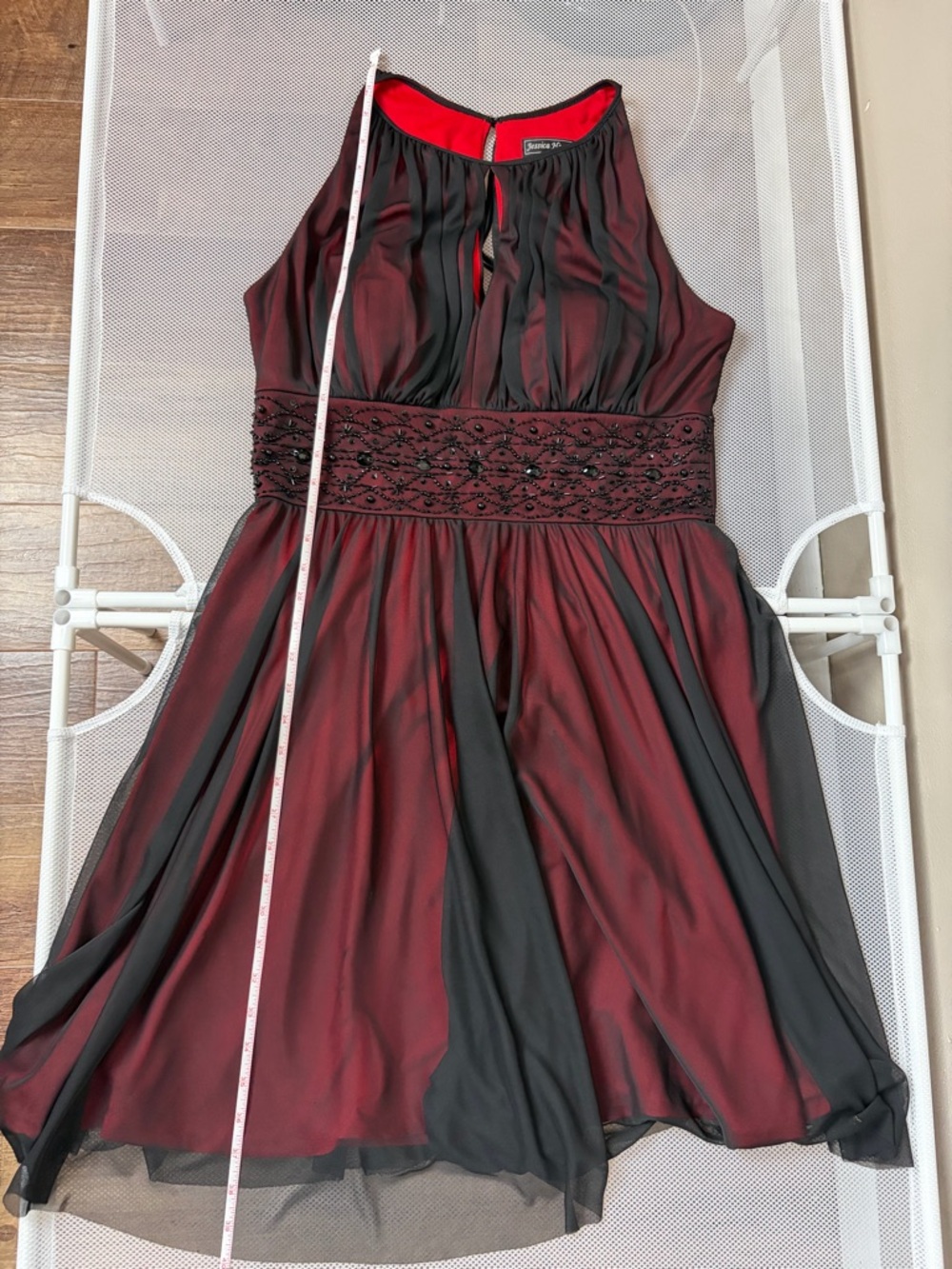 Jessica Howard Red Black Sheer Layered Beaded Waist Cocktail Dress 10 Goth EUC - Picture 14 of 16